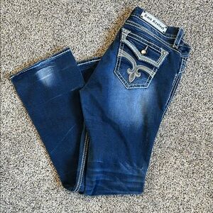 Rock Revival Blue Boot Cut Jeans with Decorative Stitching